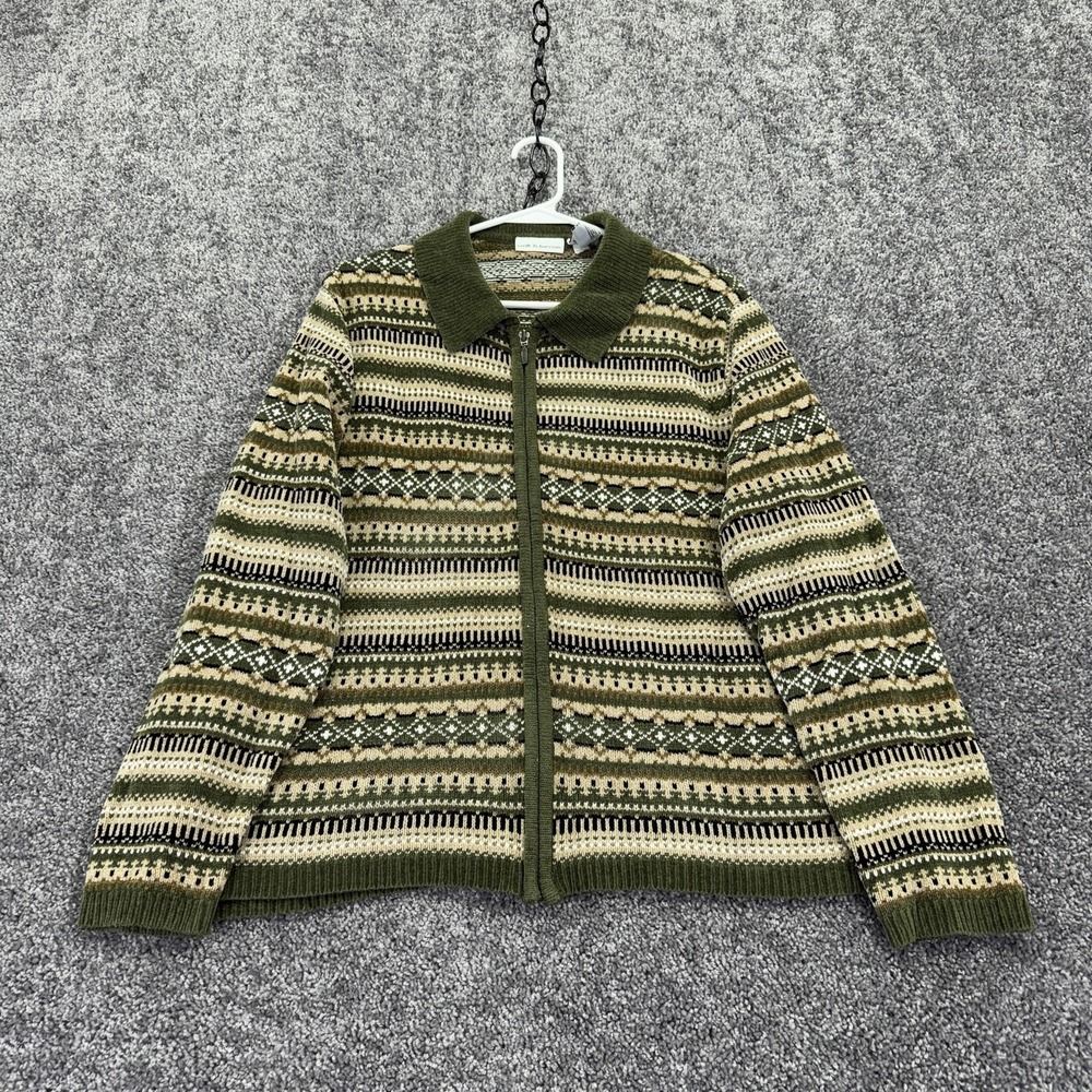 Croft & Barrow Sweater Womens XL Green Fair Isle Full Zip Collared Cardigan Knit